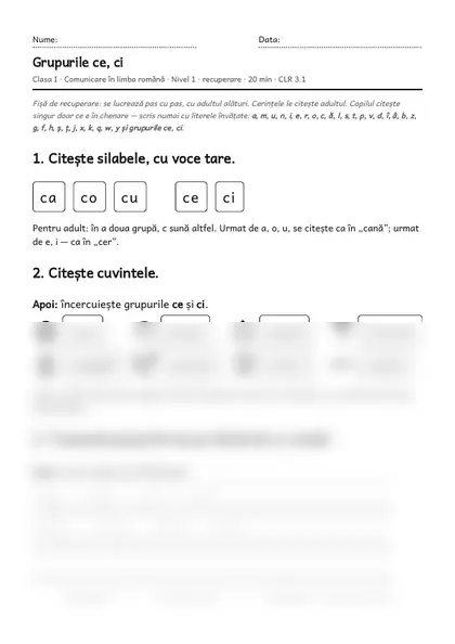 Prima pagină a fișei „Grupurile ce, ci”, clasa I, nivelul 1