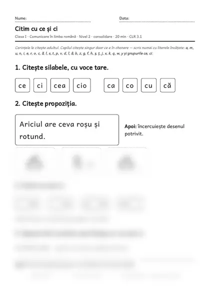 Prima pagină a fișei „Citim cu ce și ci”, clasa I, nivelul 2