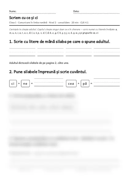 Prima pagină a fișei „Scriem cu ce și ci”, clasa I, nivelul 2