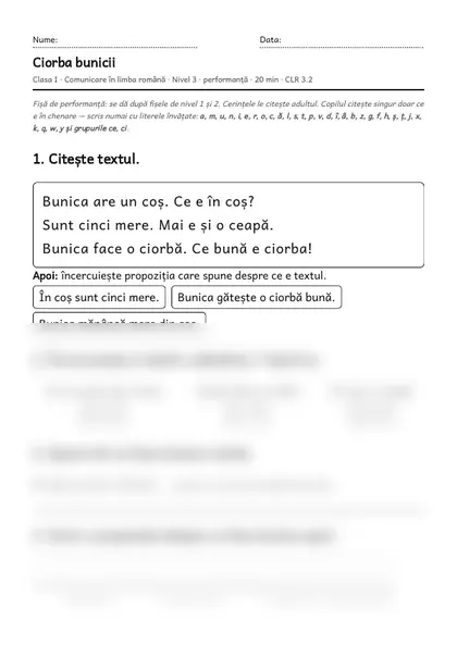 Prima pagină a fișei „Ciorba bunicii”, clasa I, nivelul 3