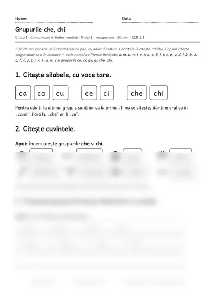 Prima pagină a fișei „Grupurile che, chi”, clasa I, nivelul 1