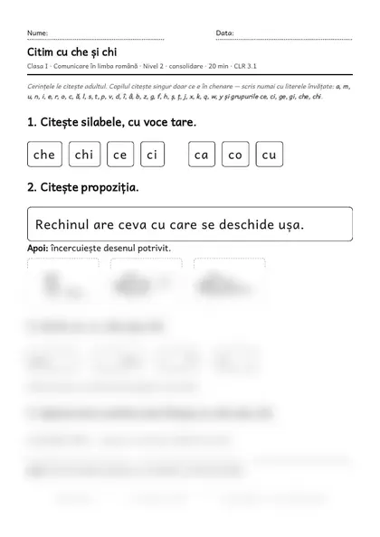 Prima pagină a fișei „Citim cu che și chi”, clasa I, nivelul 2