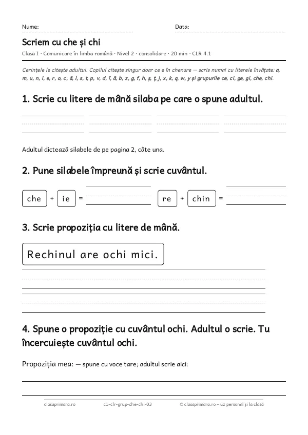 Prima pagină a fișei „Scriem cu che și chi”, clasa I, nivelul 2