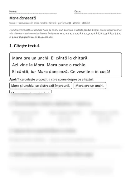 Prima pagină a fișei „Mara dansează”, clasa I, nivelul 3