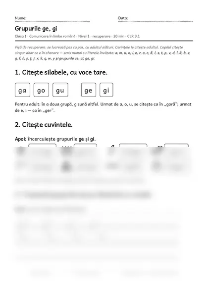 Prima pagină a fișei „Grupurile ge, gi”, clasa I, nivelul 1