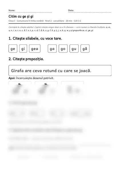 Prima pagină a fișei „Citim cu ge și gi”, clasa I, nivelul 2