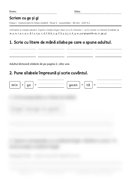 Prima pagină a fișei „Scriem cu ge și gi”, clasa I, nivelul 2