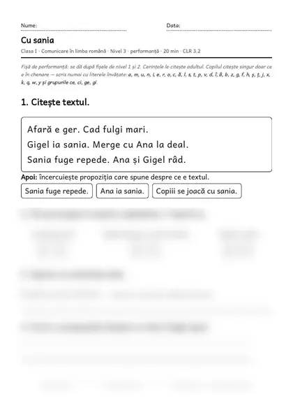 Prima pagină a fișei „Cu sania”, clasa I, nivelul 3