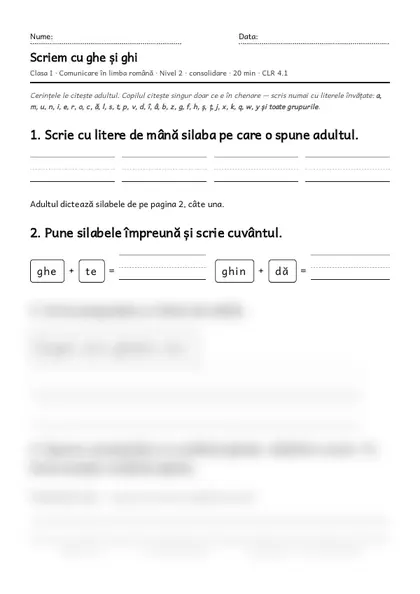 Prima pagină a fișei „Scriem cu ghe și ghi”, clasa I, nivelul 2