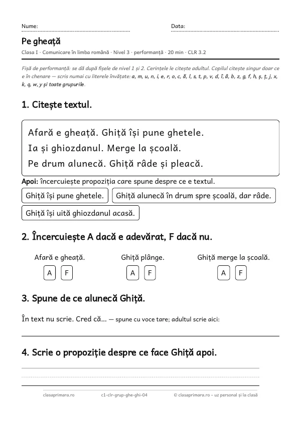 Prima pagină a fișei „Pe gheață”, clasa I, nivelul 3
