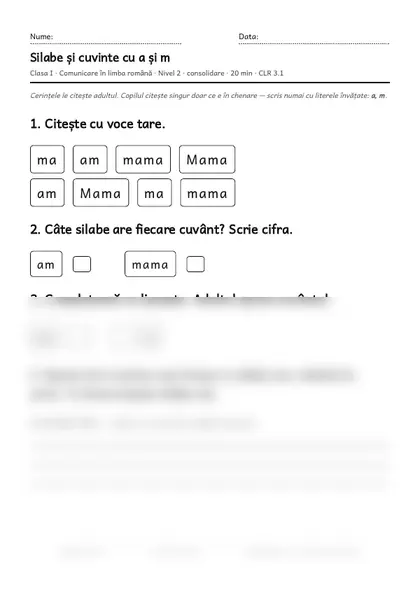 Prima pagină a fișei „Silabe și cuvinte cu a și m”, clasa I, nivelul 2