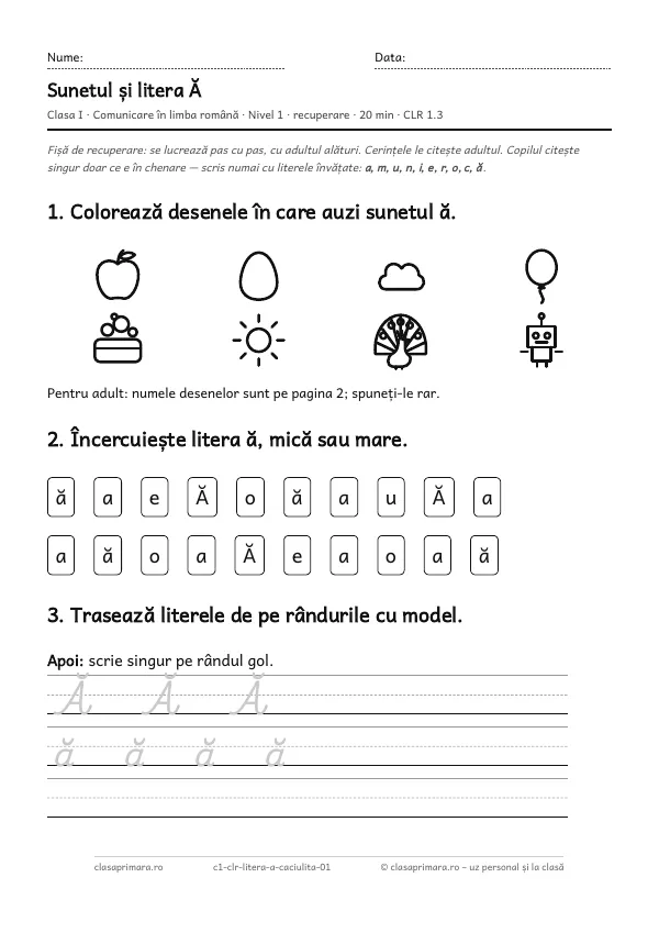Prima pagină a fișei „Sunetul și litera Ă”, clasa I, nivelul 1