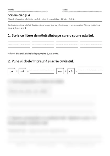 Prima pagină a fișei „Scriem cu c și ă”, clasa I, nivelul 2