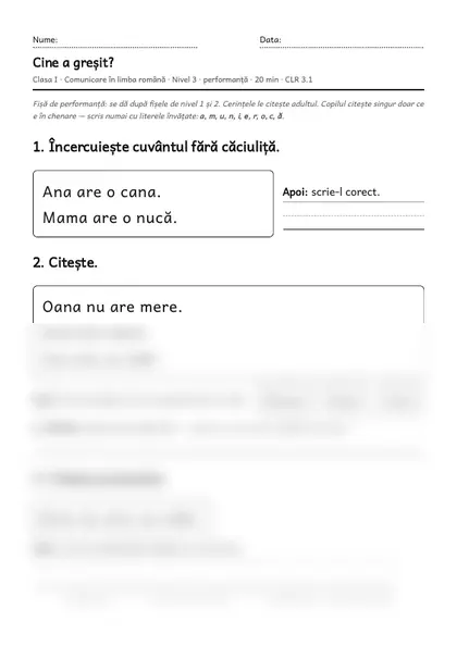 Prima pagină a fișei „Cine a greșit?”, clasa I, nivelul 3