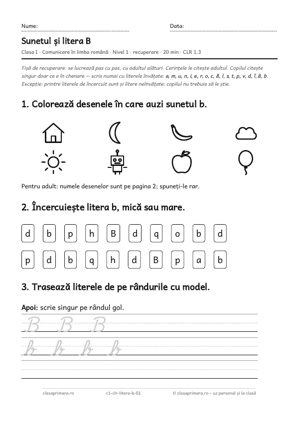 Prima pagină a fișei „Sunetul și litera B”, clasa I, nivelul 1