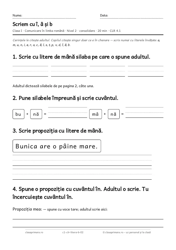 Prima pagină a fișei „Scriem cu î, â și b”, clasa I, nivelul 2
