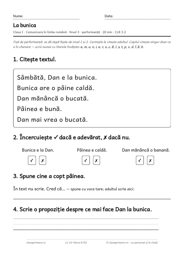 Prima pagină a fișei „La bunica”, clasa I, nivelul 3