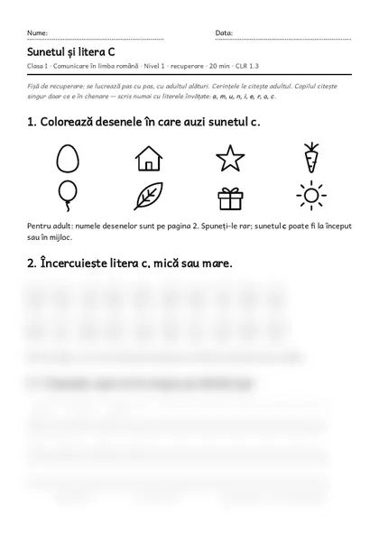 Prima pagină a fișei „Sunetul și litera C”, clasa I, nivelul 1