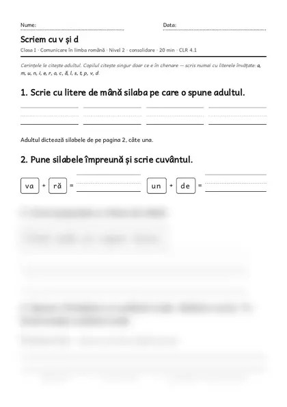Prima pagină a fișei „Scriem cu v și d”, clasa I, nivelul 2
