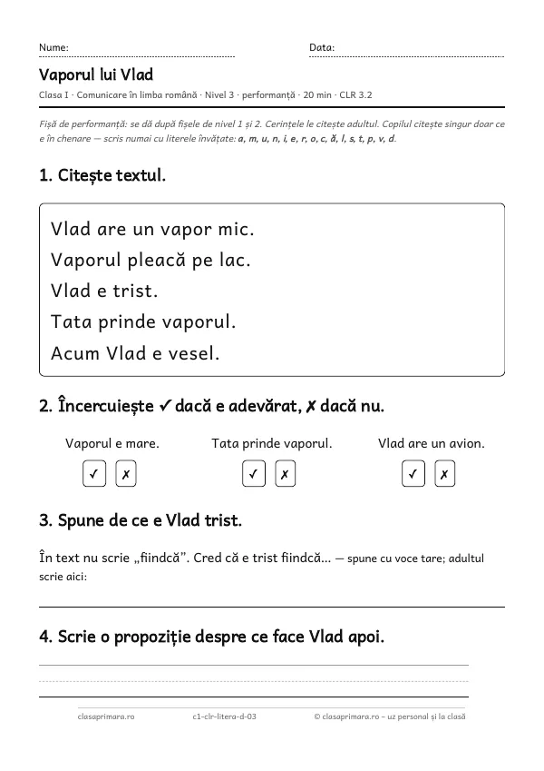 Prima pagină a fișei „Vaporul lui Vlad”, clasa I, nivelul 3