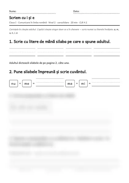 Prima pagină a fișei „Scriem cu i și e”, clasa I, nivelul 2