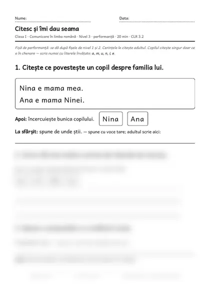 Prima pagină a fișei „Citesc și îmi dau seama”, clasa I, nivelul 3