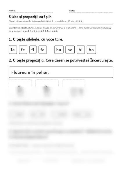 Prima pagină a fișei „Silabe și propoziții cu f și h”, clasa I, nivelul 2