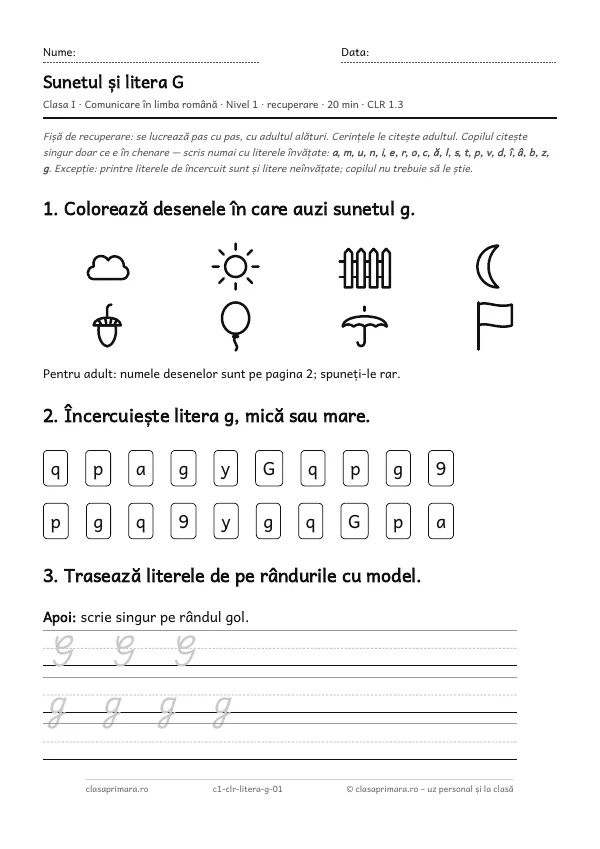 Prima pagină a fișei „Sunetul și litera G”, clasa I, nivelul 1