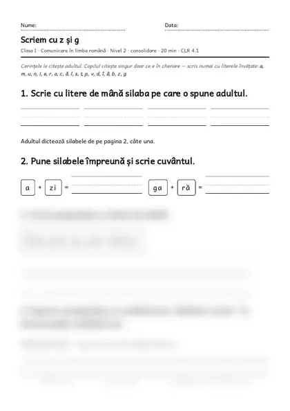 Prima pagină a fișei „Scriem cu z și g”, clasa I, nivelul 2