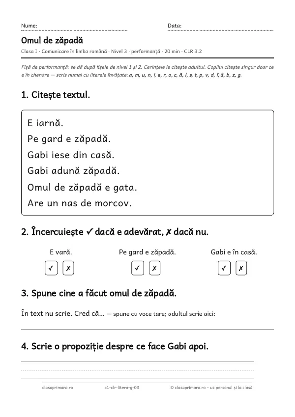 Prima pagină a fișei „Omul de zăpadă”, clasa I, nivelul 3
