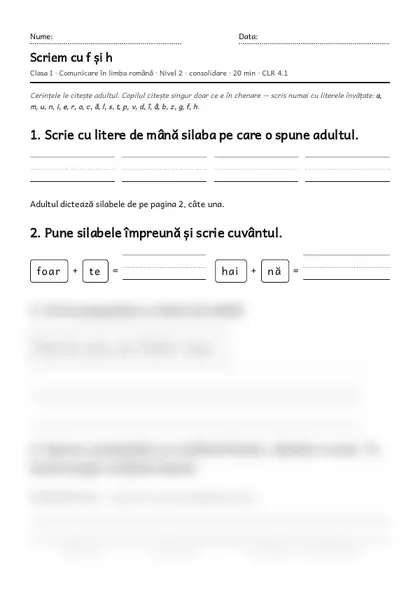 Prima pagină a fișei „Scriem cu f și h”, clasa I, nivelul 2
