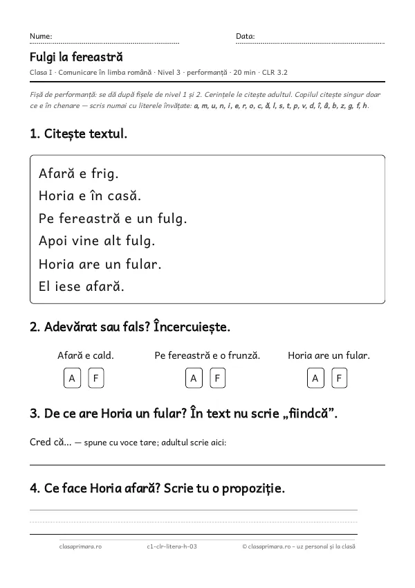 Prima pagină a fișei „Fulgi la fereastră”, clasa I, nivelul 3