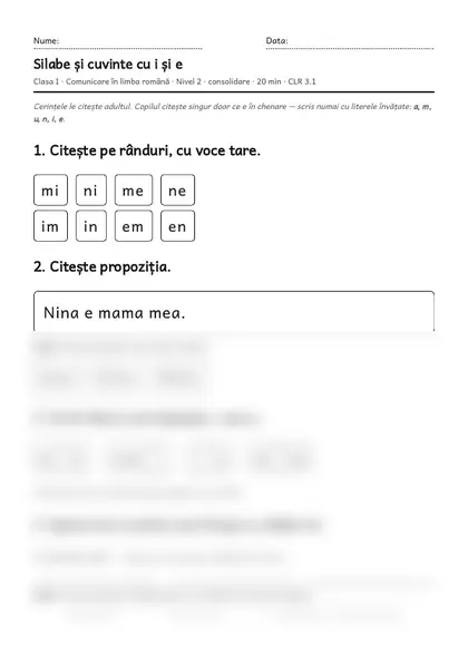 Prima pagină a fișei „Silabe și cuvinte cu i și e”, clasa I, nivelul 2