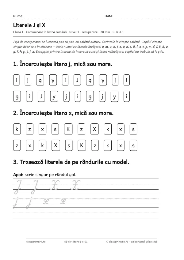 Prima pagină a fișei „Literele J și X”, clasa I, nivelul 1