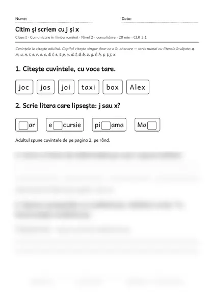 Prima pagină a fișei „Citim și scriem cu j și x”, clasa I, nivelul 2