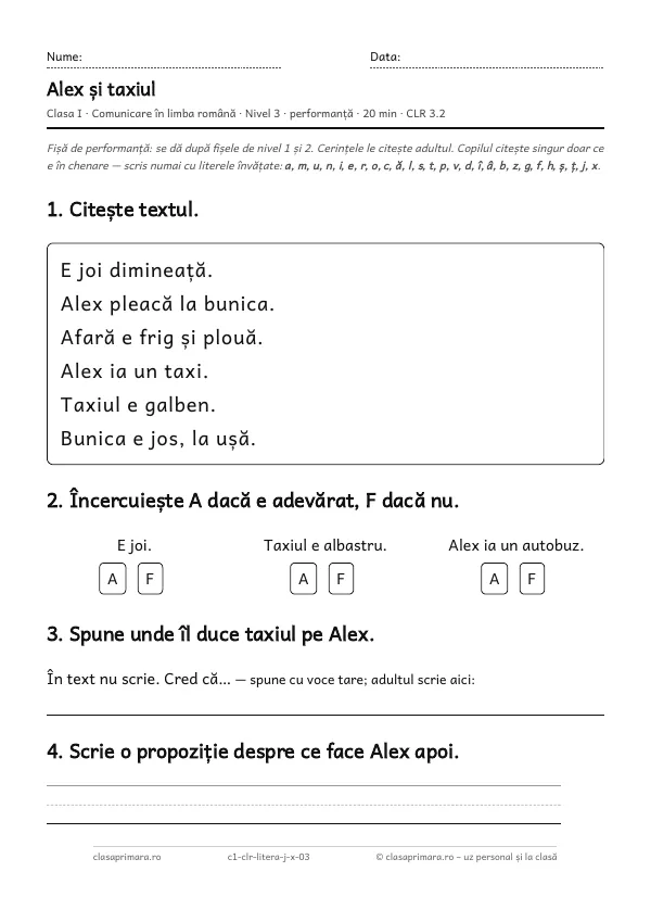 Prima pagină a fișei „Alex și taxiul”, clasa I, nivelul 3