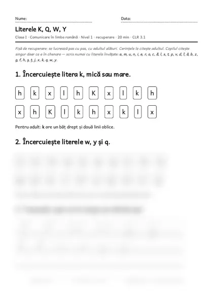Prima pagină a fișei „Literele K, Q, W, Y”, clasa I, nivelul 1