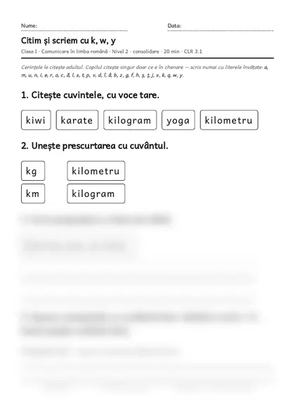 Prima pagină a fișei „Citim și scriem cu k, w, y”, clasa I, nivelul 2