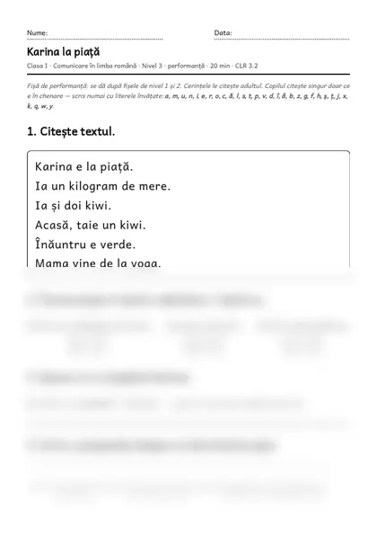 Prima pagină a fișei „Karina la piață”, clasa I, nivelul 3