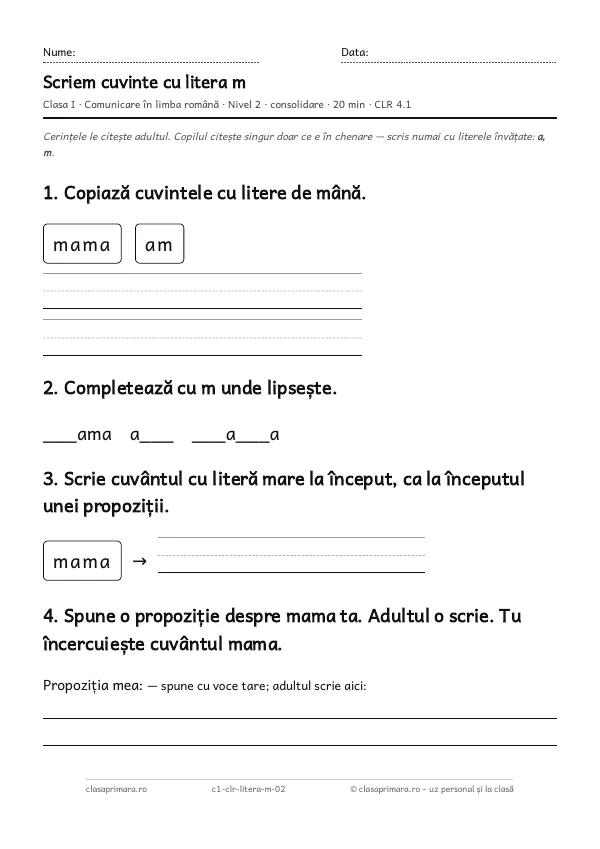 Prima pagină a fișei „Scriem cuvinte cu litera m”, clasa I, nivelul 2