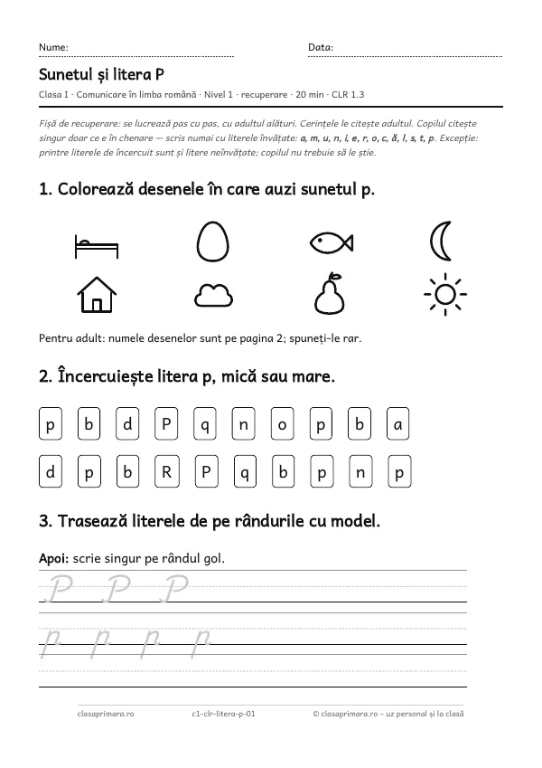 Prima pagină a fișei „Sunetul și litera P”, clasa I, nivelul 1