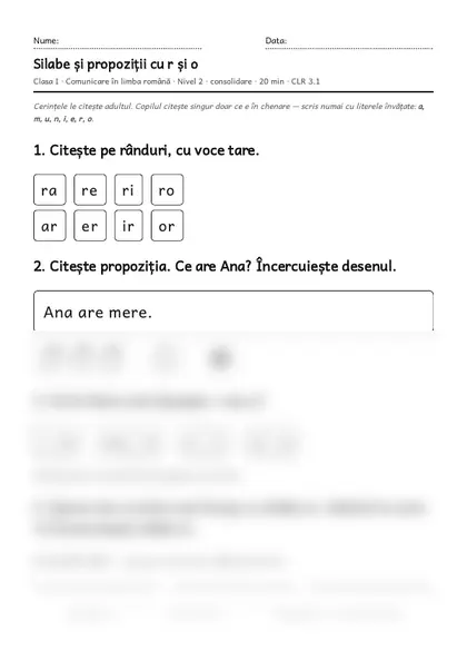 Prima pagină a fișei „Silabe și propoziții cu r și o”, clasa I, nivelul 2
