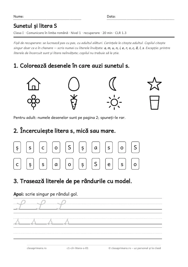 Prima pagină a fișei „Sunetul și litera S”, clasa I, nivelul 1