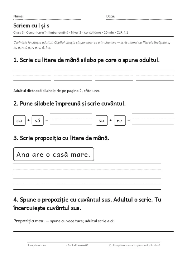 Prima pagină a fișei „Scriem cu l și s”, clasa I, nivelul 2