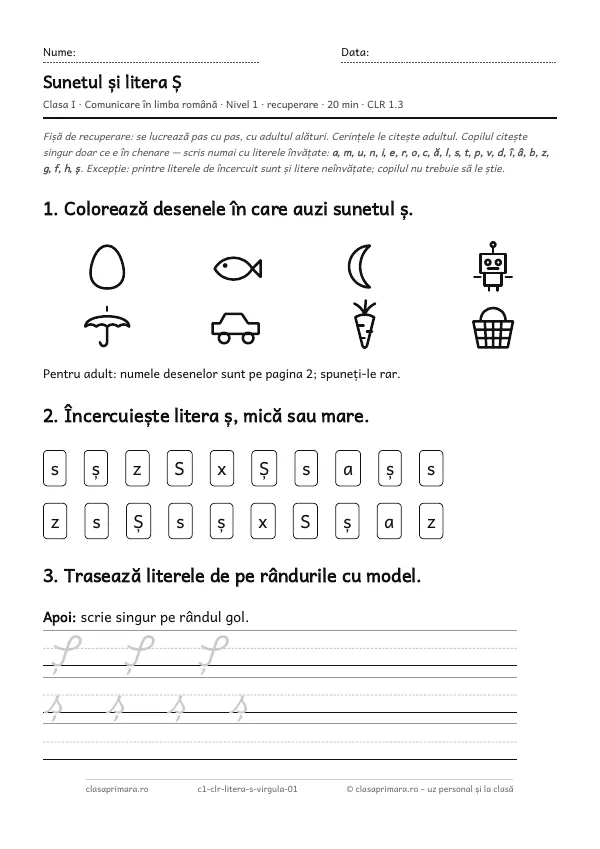 Prima pagină a fișei „Sunetul și litera Ș”, clasa I, nivelul 1