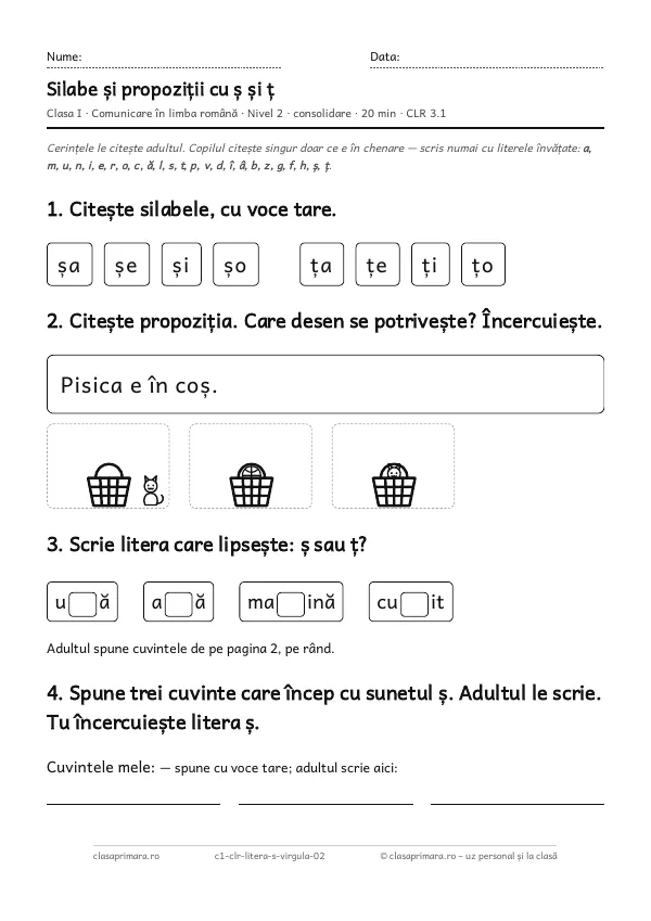 Prima pagină a fișei „Silabe și propoziții cu ș și ț”, clasa I, nivelul 2