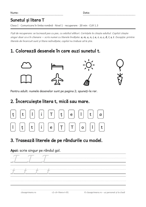 Prima pagină a fișei „Sunetul și litera T”, clasa I, nivelul 1
