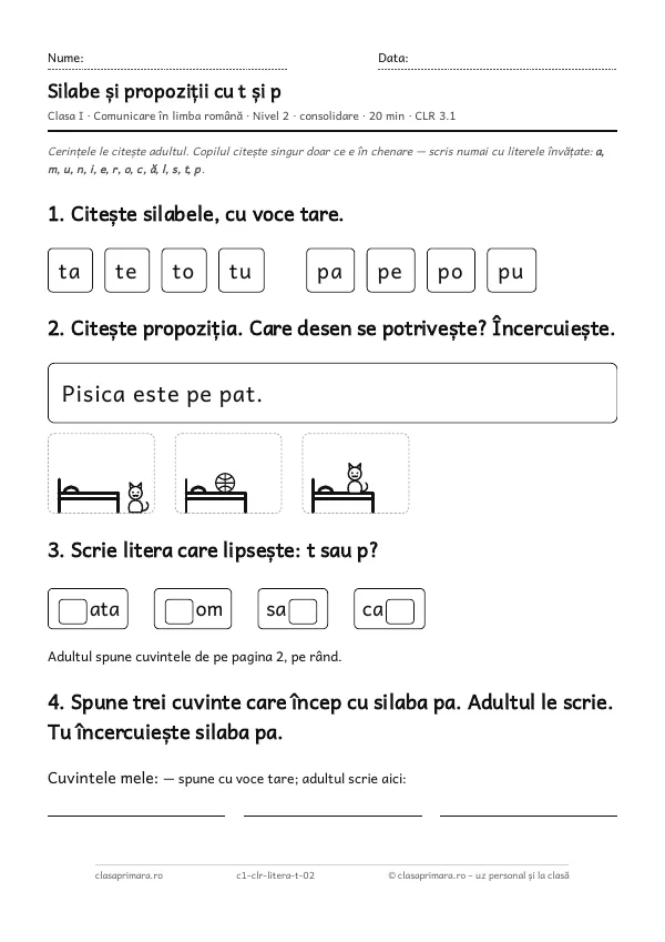Prima pagină a fișei „Silabe și propoziții cu t și p”, clasa I, nivelul 2