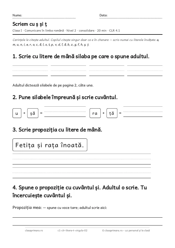 Prima pagină a fișei „Scriem cu ș și ț”, clasa I, nivelul 2
