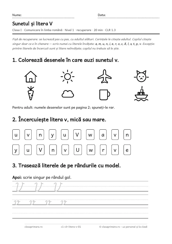 Prima pagină a fișei „Sunetul și litera V”, clasa I, nivelul 1